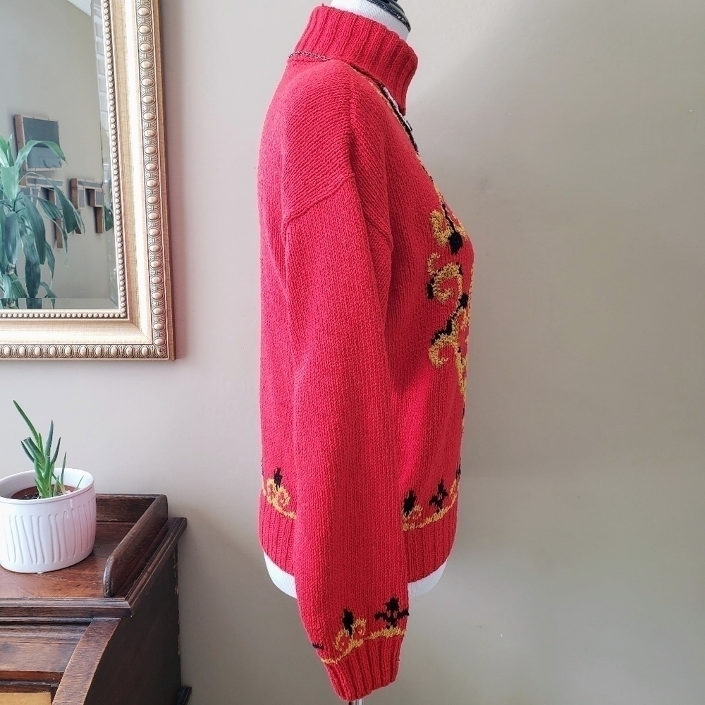 Vintage Liz Claiborne Red Gold Silk Cotton Ornate Regency Turtleneck Sweater M - Picture 4 of 8